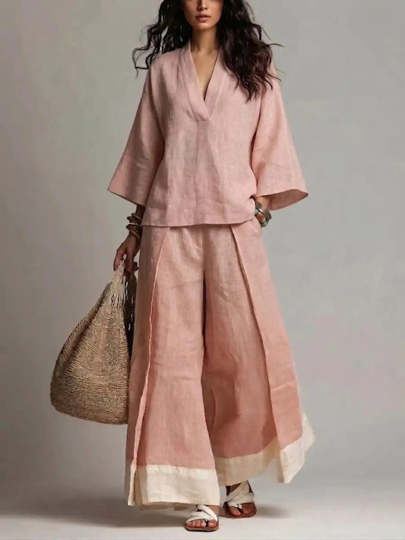 Women's V-Neck Three-Quarter Sleeve Shirt + Colorblock Wide-Leg Pants Set, Comfortable Loose Fit Casual Two-Piece, Perfect for Travel & Daily Wear