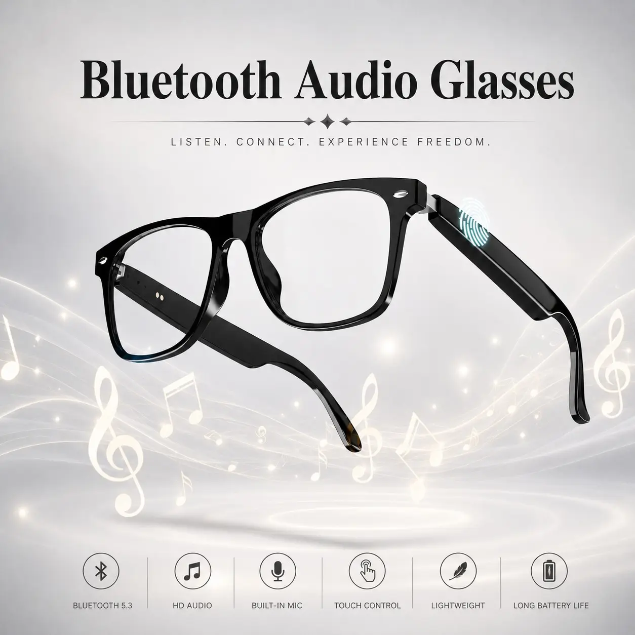 Bluetooth Smart Glasses, Wireless Audio Glasses for Men Women, Smart Audio Glasses,Open-Ear Speakers with Built in Mic, Hands-Free Calls, Touch Control and Voice Assistant,UV Protection