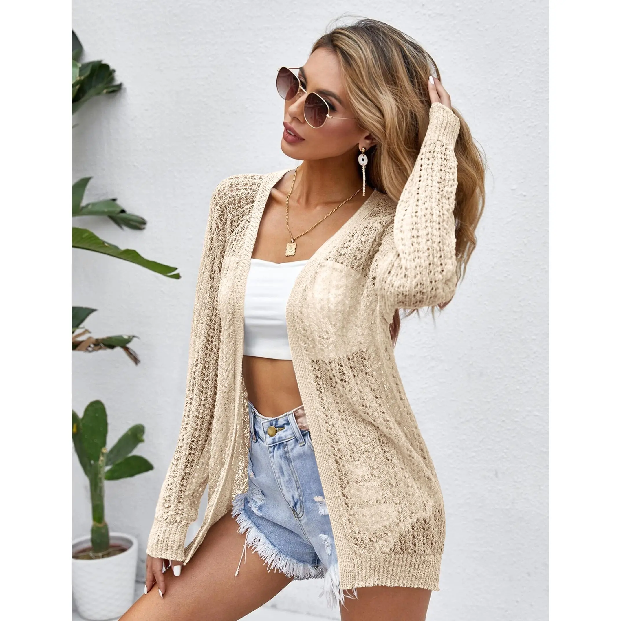 YF Women's Crochet Open Front Cardigan, Long Sleeve Lightweight Knit Sweater, Loose Sheer Beach Cover Up Kimono for Summer Fall Vacation Casual Wear, Beige Multi Sizes Fabric