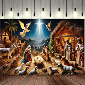 Nativity Starry Night Backdrop Christmas Backdrop Tapestry Wall Hanging Photography Background Polyester Fabric Church Home Family Party Studio Indoor Outdoor Holiday Decoration Banner