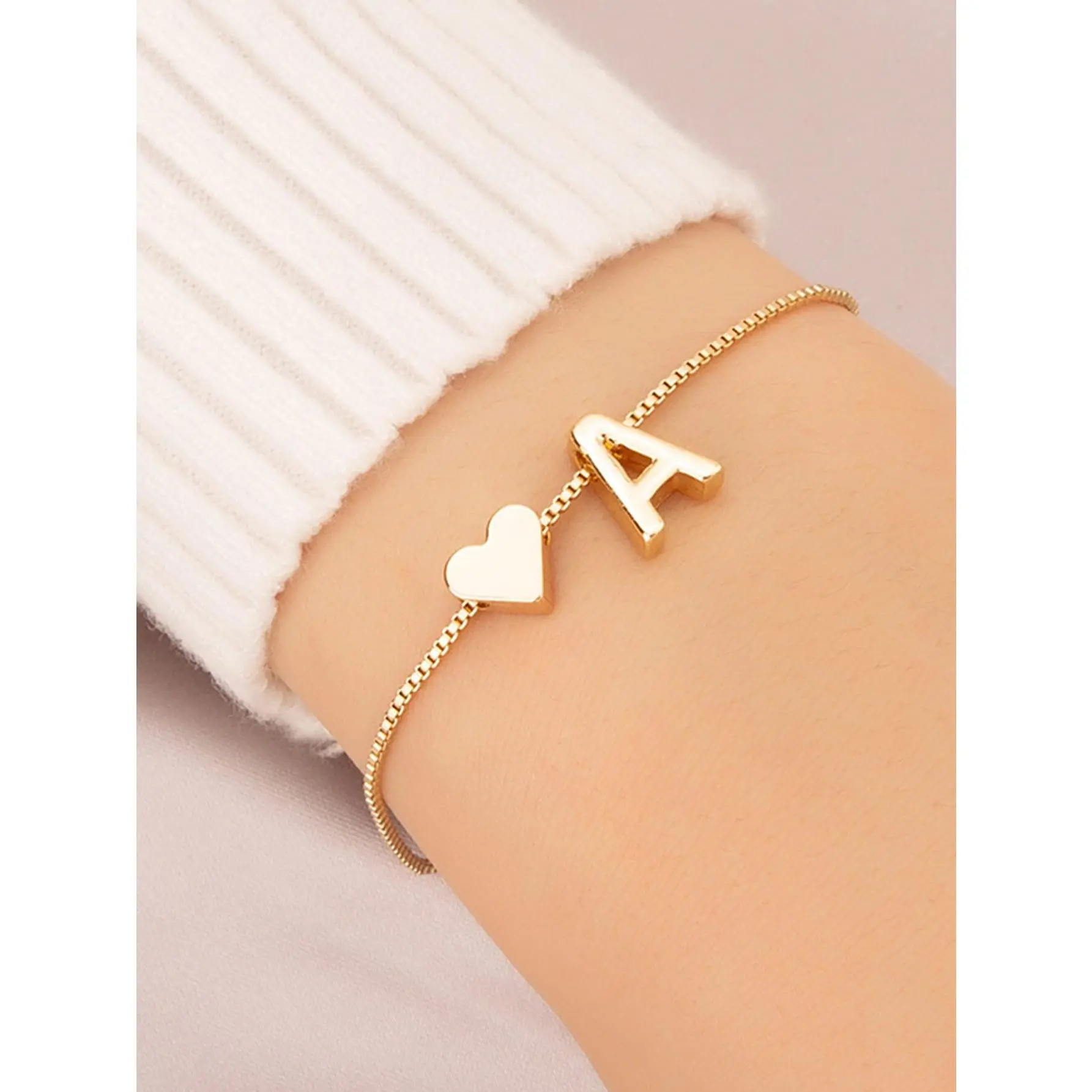 Women's Personalized Initial Bracelet - Gold Box Chain With Heart Symbol & 26 English Letters Pendant, Adjustable Dainty Slider Jewelry For Mother's Day Valentine's Gift & Daily Wear