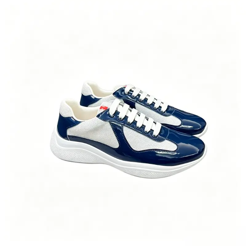 Men's Navy Patent Leather Light Grey Mesh Platform Sneakers, 2-Tone Color Block Lace-Up, Breathable Lightweight Cushioned Casual Walking Shoes, Athletic Streetwear Footwear, Two-Tone