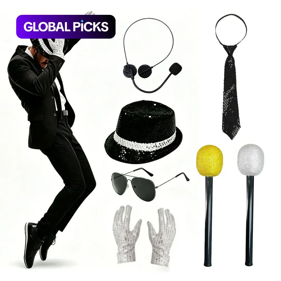 Disco Party Costume Set, Glitter Hat, Glasses, Gloves, Earpiece, Microphone, Tie, Music King, Festival, Halloween, Pool Party, Beach Party, Party Accessory #GLOBAL PICKS