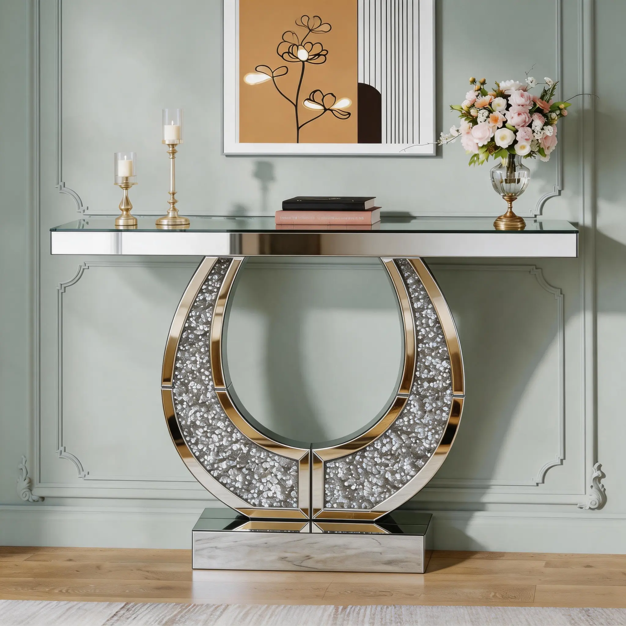 ARCH 45 Inch Mirrored Console Table with Crushed Diamond Inlay, Silver Glass MDF O-Shaped Sofa Table, Glam Entryway Table for Living Room Hallway, Modern Luxury Decor Desk, Easy Clean, Anti-Tip Base, Silver Color Options, Glass/MDF Material