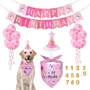 Dog Birthday Party Supplies, Bandana Set, Hat with Numbers, Flag, Balloon for Large Medium Small Dogs (Pink)