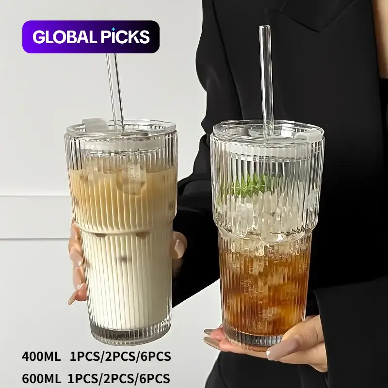 Large-Capacity Clear Striped Glass Tumbler with Lid, Reusable Cold-Drink Cup for Juice or Coffee, Hand-Wash-Only Drinkware, Clear Water Tumblers for Home, Office, Indoor, Celebrations & Gift #GLOBAL PICKS