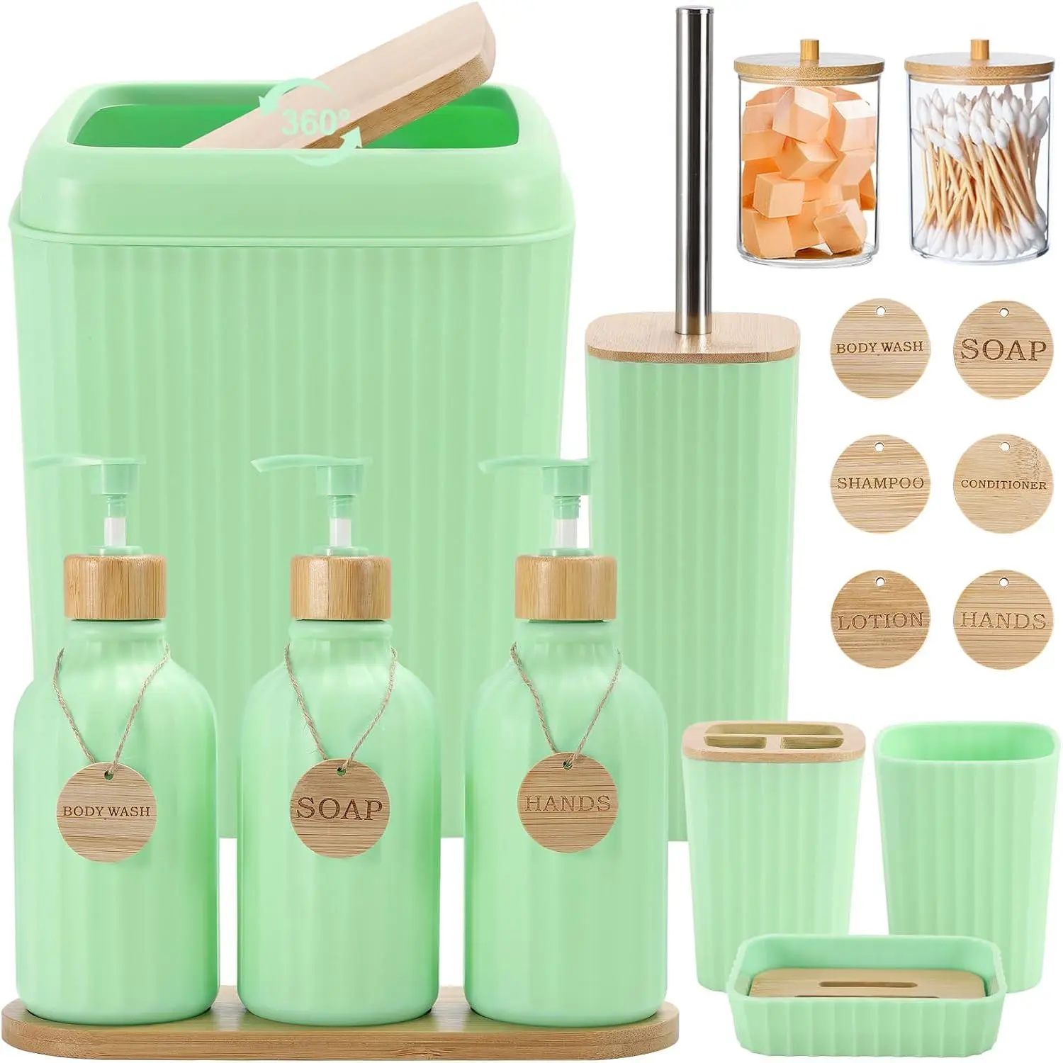 Green Bathroom Accessories Set 17 count Bathroom Set with Trash Can 3 count Lotion Soap Dispenser,  Holder, 6 count  Tags Bath Accessories with Tray for Kitchen Bathroom