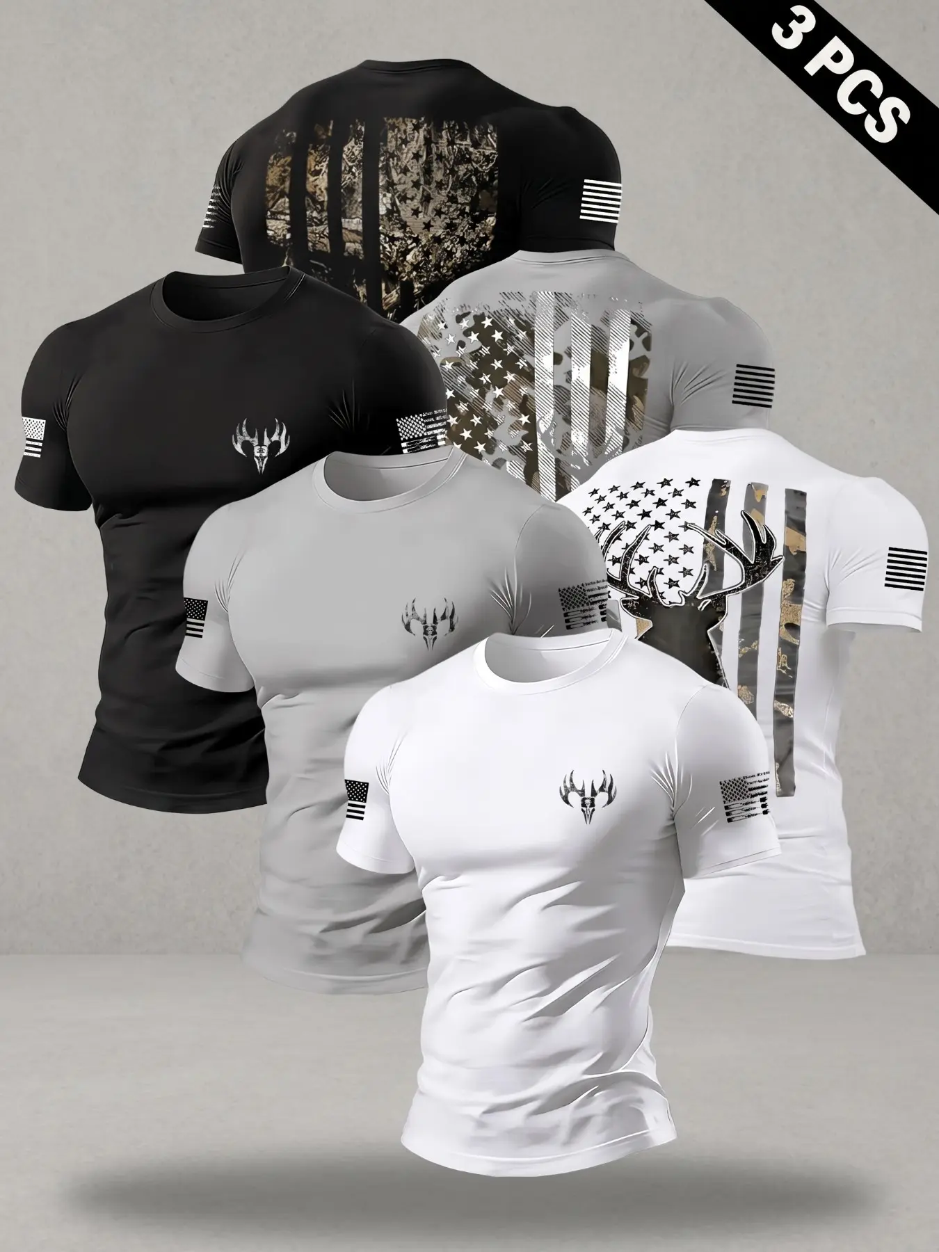 Polyester Fabric 3 PCS Men Crew Neck Short Sleeve T-Shirts, Classic, Camo American Flag Deer Skull Front Chest & Back Print Casual Tees, Menswear Clothing, Outdoor Hunting Patriotic Streetwear Tops For Daily Sports Workout