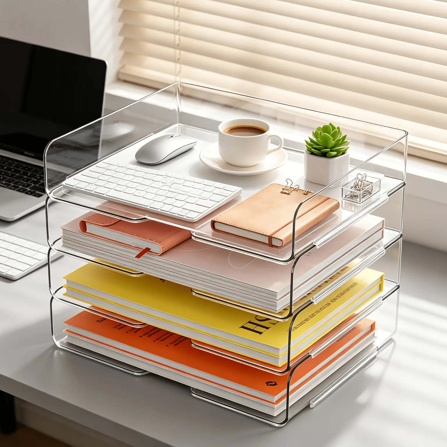 2/4 Trays Paper Organizer Letter Tray - Acrylic Desk File Organizer, Desktop Organizer, Stackable Clear Paper Holder Sorter Office Organizer, Office Desk Accessory for Letter/A4, Office File iPad Books Notes Etc