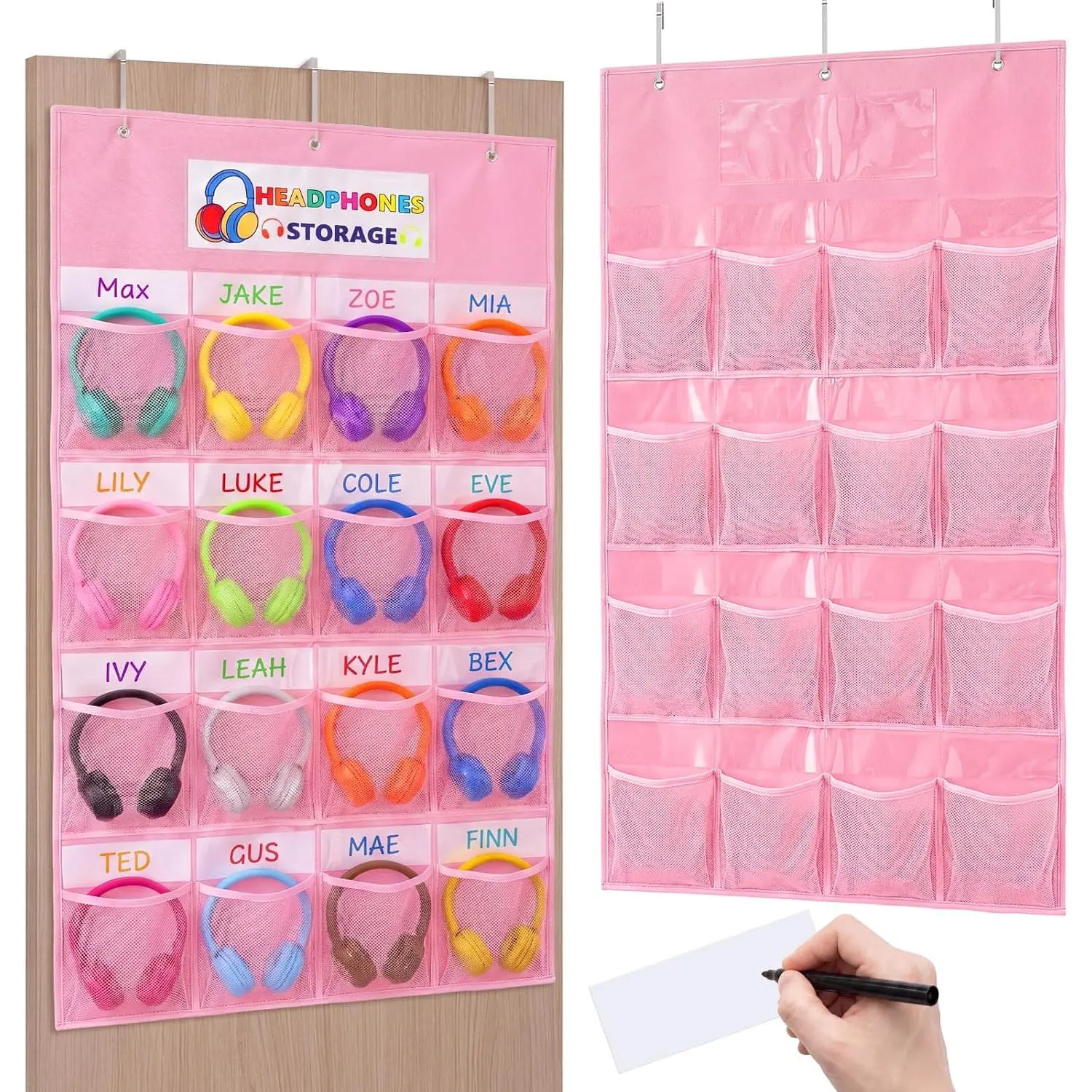 16 Pockets Classroom Headphone Storage Thickened Mesh Pocket Organizer Over The Door Cell Phone Headphones Holder Bag with Name Card for  to School Classroom Library Hanger,