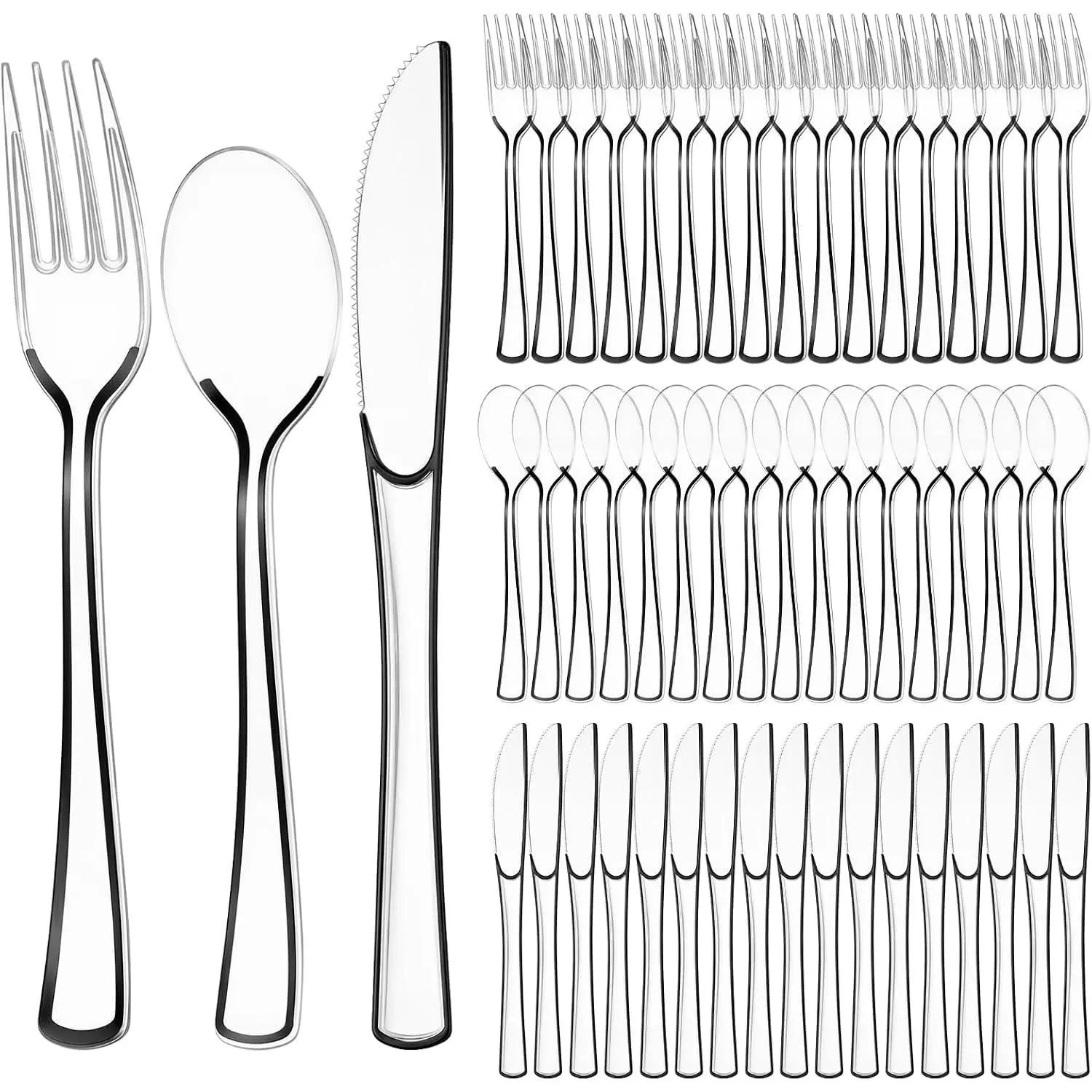 150 count Black Plastic Silverware, Clear Disposable Cutlery Set Heavy Duty Utensil Sets 50 Forks 50  50 Spoons for Birthday Party  Office School Picnics Restaurant Outdoor Events
