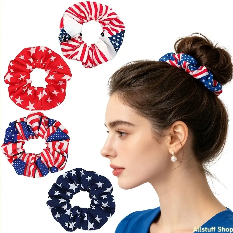 4pcs Women's Sweet and Elegant American Flag Scrunchies, Independence Day Themed Fabric Hair Ties, High-Elasticity Durable Hair Bands, Versatile Holiday Party Hair Accessories