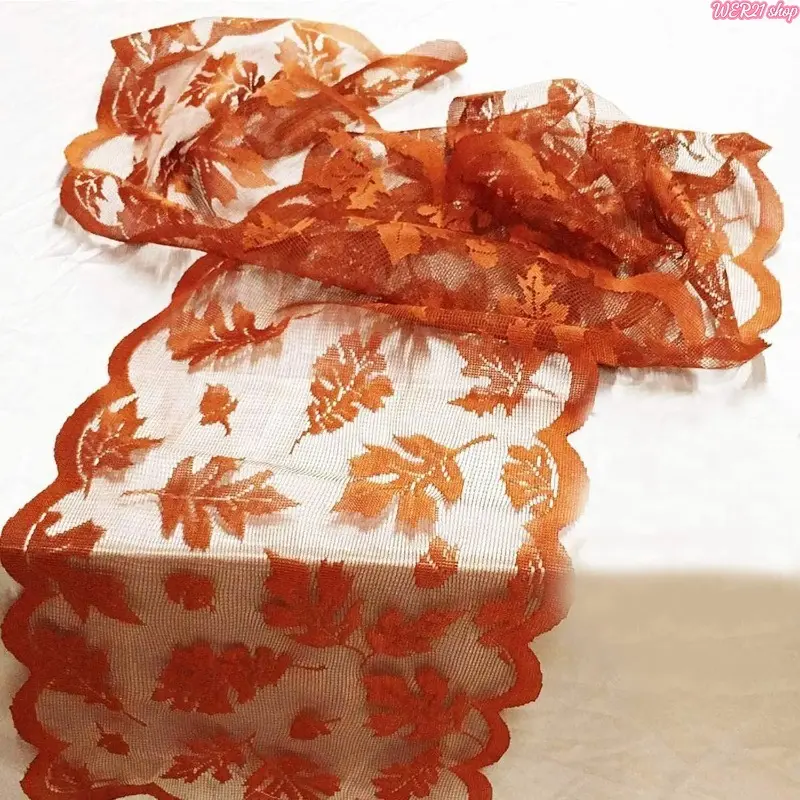 13 x 72 Inch Fall Maple Leaves Table Runner, Orange Autumn Harvest Lace Table Runner, Cozy Thanksgiving Home Decor for Dining Room Kitchen Party, Brown