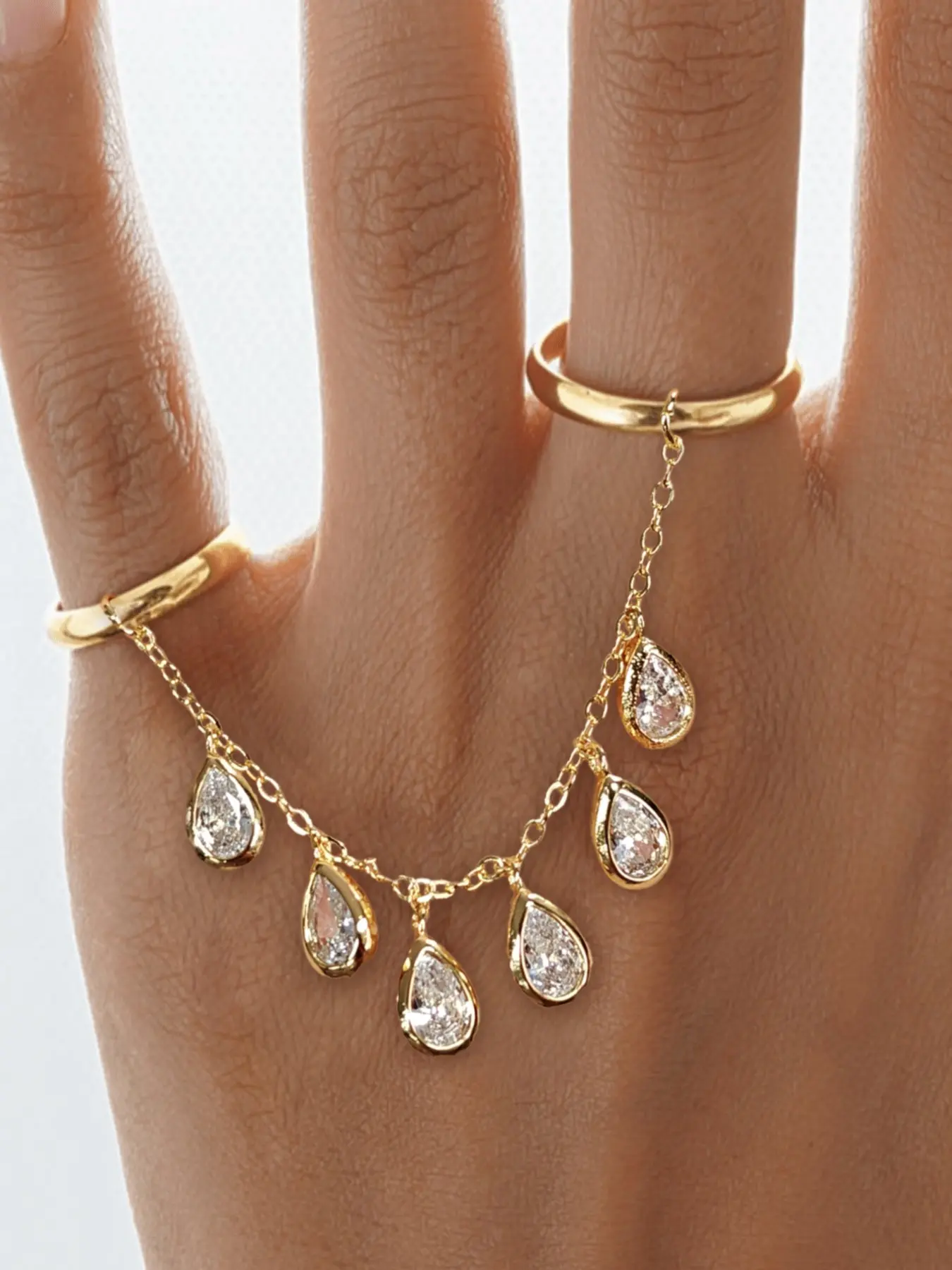 Women's Copper Two-Finger Chain Ring, Elegant Luxury Style, Zircon Drop Pendant, Perfect for Daily Wear, Weddings, Parties, Jewelry Rings