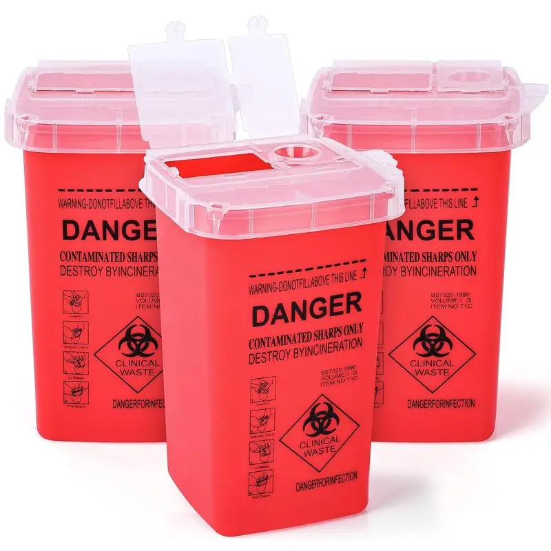 3-Pack Home Use Sharps Containers, 1 Qt Portable Needle Disposal Boxes with Clear Lids, Impact-Resistant Biohazard Bins for Syringes, Lancets