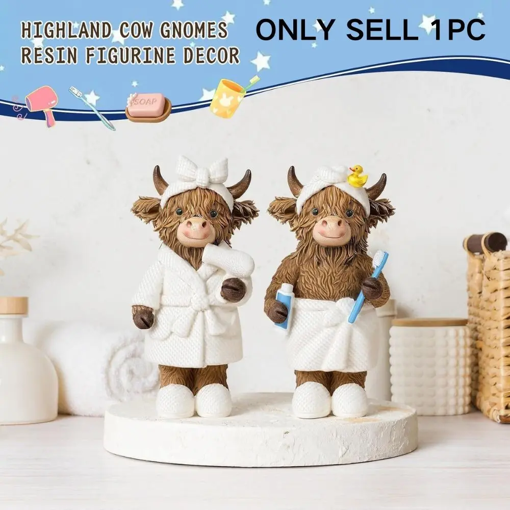 Cute Resin Highland Cow Bathrobe Figurine, Adorable Brushing Teeth Design, Bathroom Home Decor Desktop Ornament, Nordic Style Table Decoration, Animal Figurines, Resin Animal Ornaments, Decorative Home Ornament, Animal Decorations