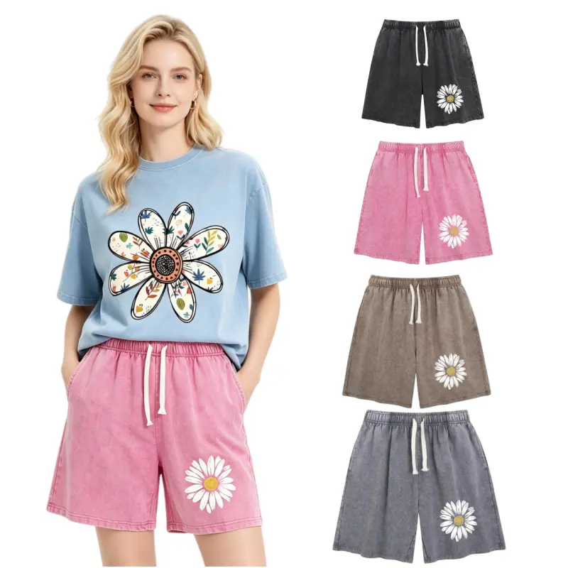 Women's Vintage Floral Print Sweat Shorts - Unisex Casual Acid Wash Streetwear Bottom with Baggy Fit, Drawstring Waist, and Pockets