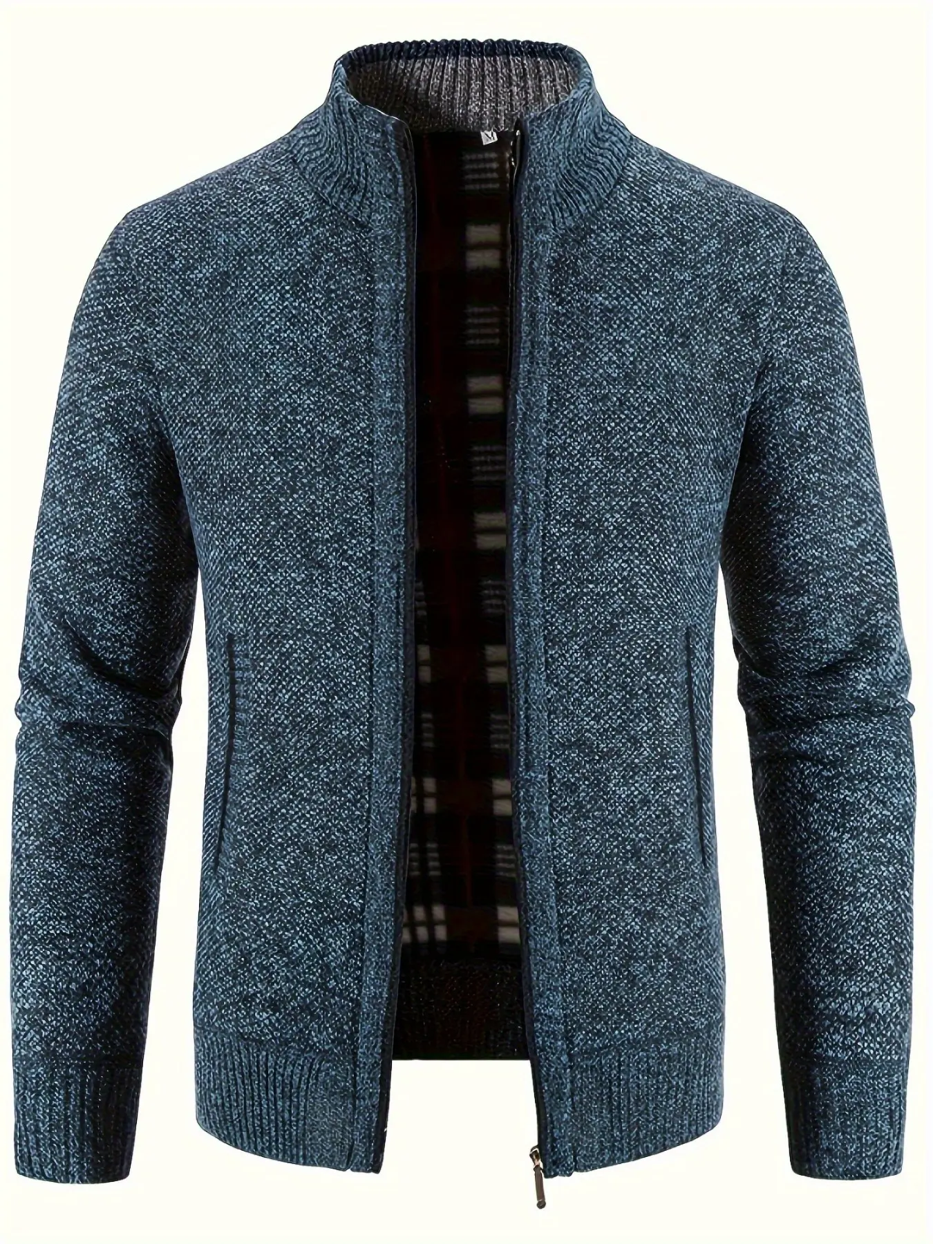 1 PC Men's Warm Knitted Zippered High-neck Sweater Blazer Coats with Long Sleeves, Ribbed Sleeve Caps and Hem, Autumn/Winter Casual Zippered Sweater Blazer, Suitable for Daily Wearing