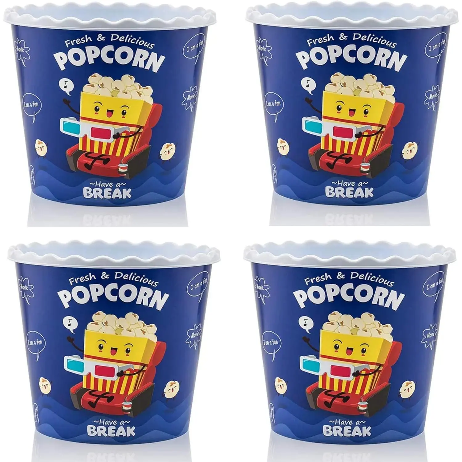 Modern Style  Plastic Popcorn Box/Popcorn Containers/Popcorn Bowls Set for Movie Theater Night - ( - BLUE 4 Pack-75 oz)