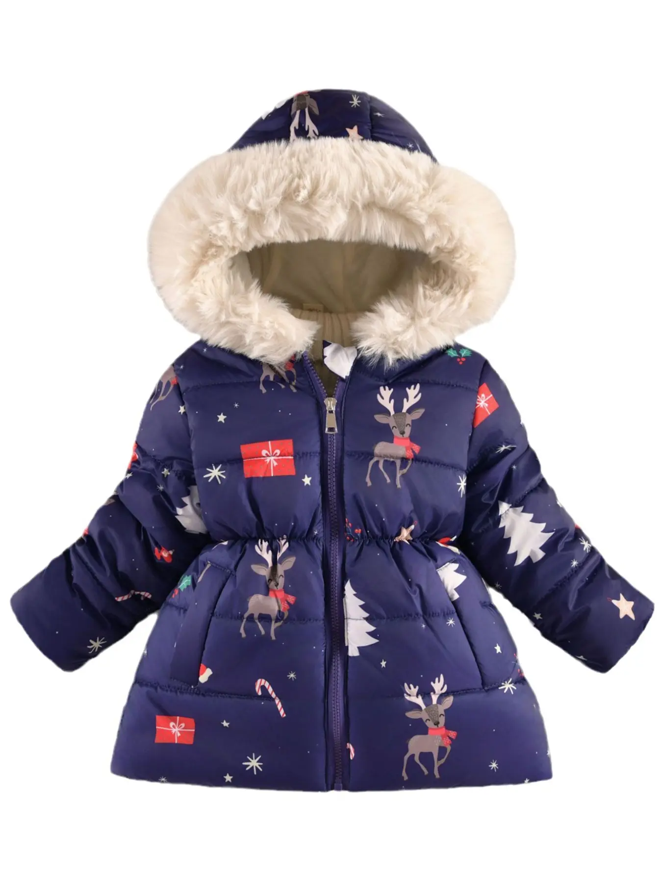 Girls' Winter Coat, Casual Quilted Jacket, Hooded Warm Coat, Long Sleeve Mandarin Collar, Cartoon Pattern, Warm and Cozy, Medium Length, Pockets Design
