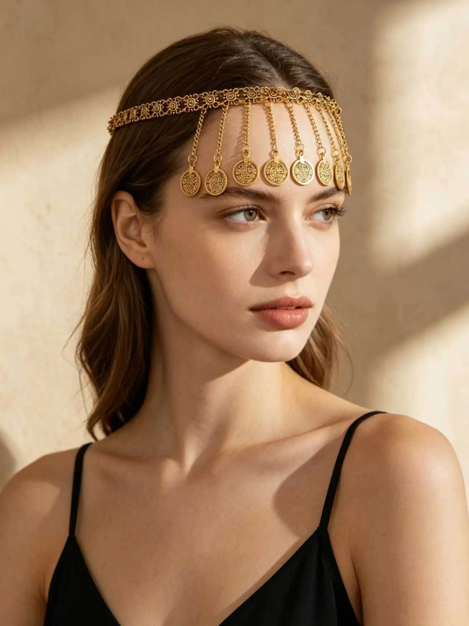 Coin Head Chain, Egyptian Headpiece for Women, Forehead Costume Headband Necklace, Elegant Accessory for Parties and Events