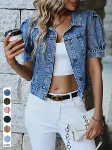 Women's Short Denim Jacket, Puff Sleeve Single-Breasted Denim Top, Vintage Washed Summer Casual Outerwear, Stylish and Comfortable