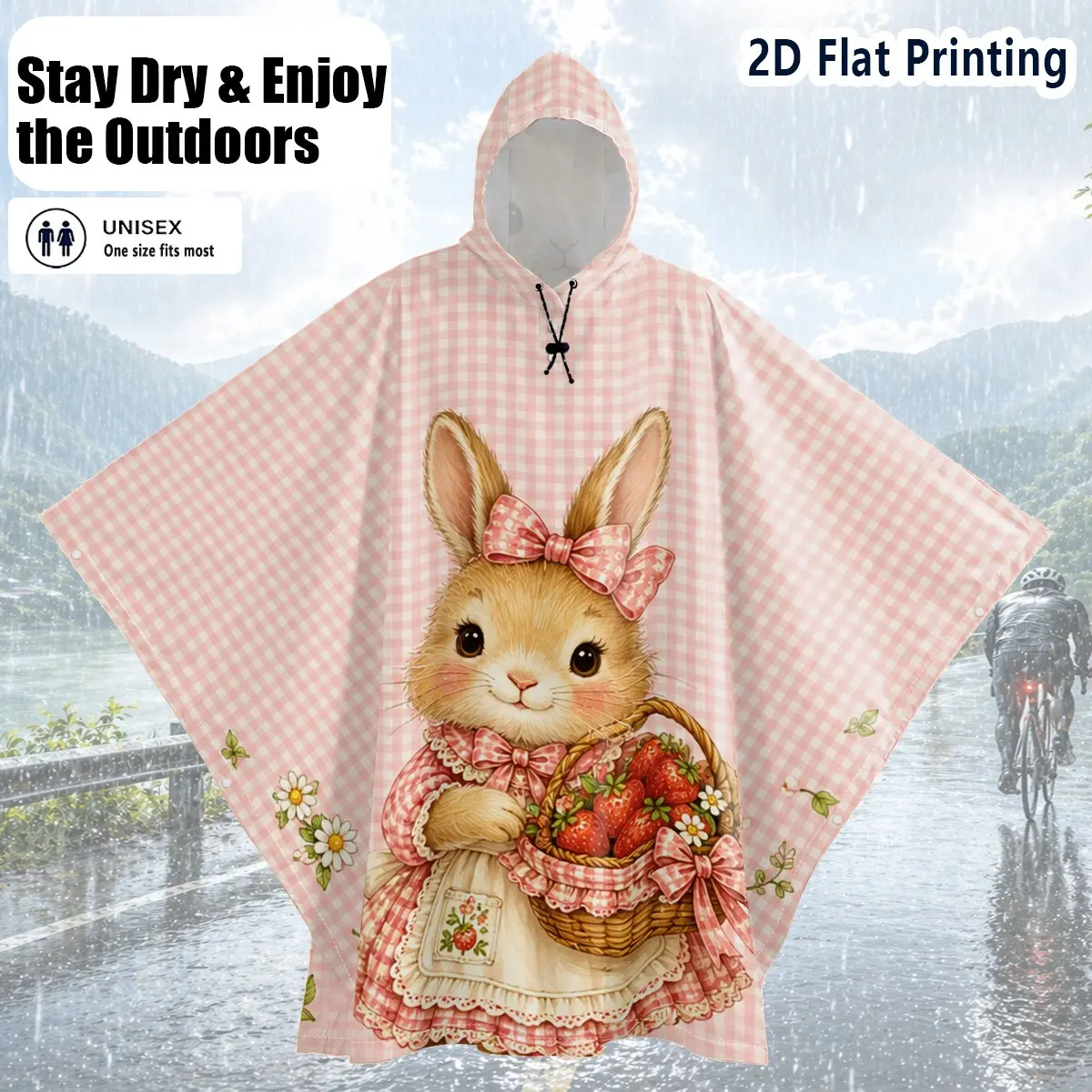 Cute Rabbit Print Raincoat for Cycling, Fairy Tale Style, Lightweight & Reusable, Ideal for Commuting, Camping, Travel, Unisex