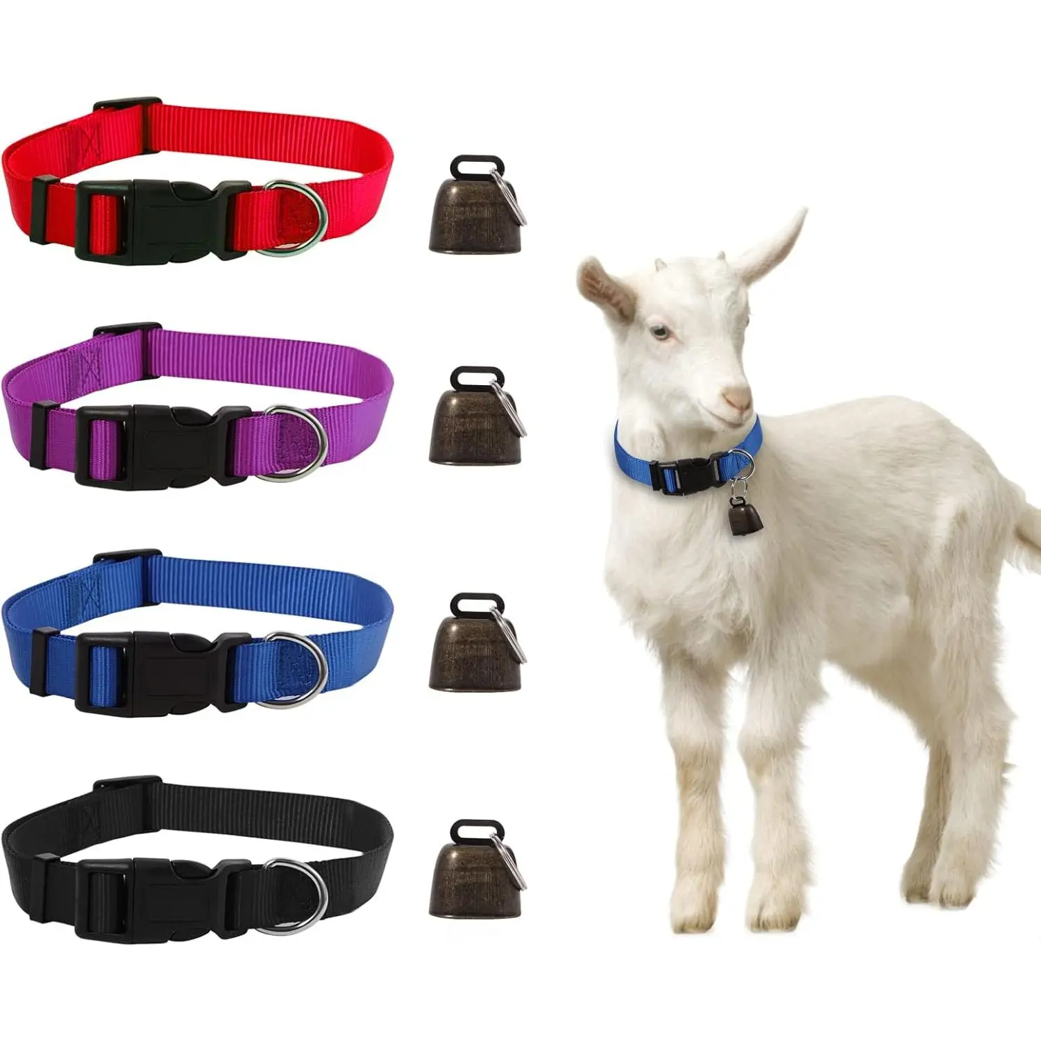 4 Pack Adjustable Nylon Goat Collars with Loud Copper Bronze Bells Anti-Lost Set for Farm Animals Goat Sheep Horse Cow