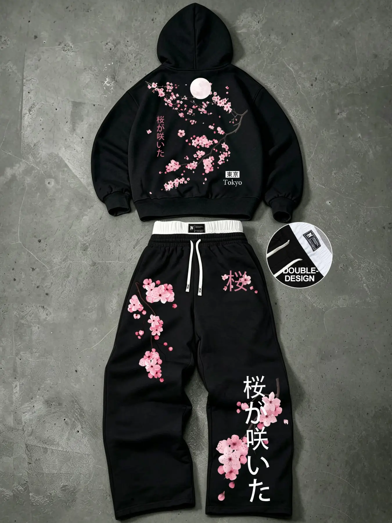Cherry Blossom & Moon Graphic Pullover Hoodie and Sweatpants Set Double Waistband Casual Loose Fit Fall Tracksuit