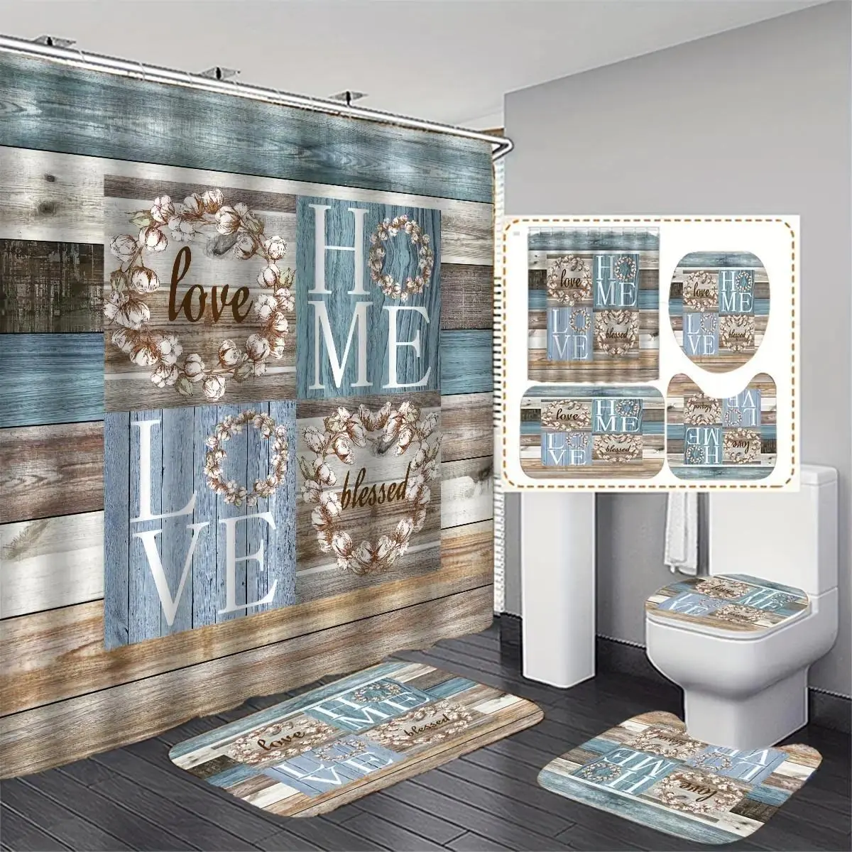 Polyester Waterproof Plant Print Bathroom 4-Piece Set - Shower Curtain (with 12 Curtain Hooks), Toilet Lid Cover, Rectangular Mat, U-Shaped Mat