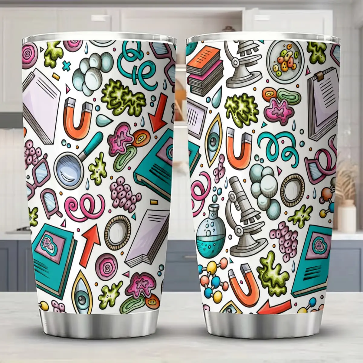 1pc 20oz Science Laboratory Doodle Pattern Stainless Steel Insulated Tumbler Flask Bottle, Leakproof BPA-Free Office Travel Coffee Mug with Lid, Hot & Cold Drink Keeper, Ideal Gift for Scientists & Students