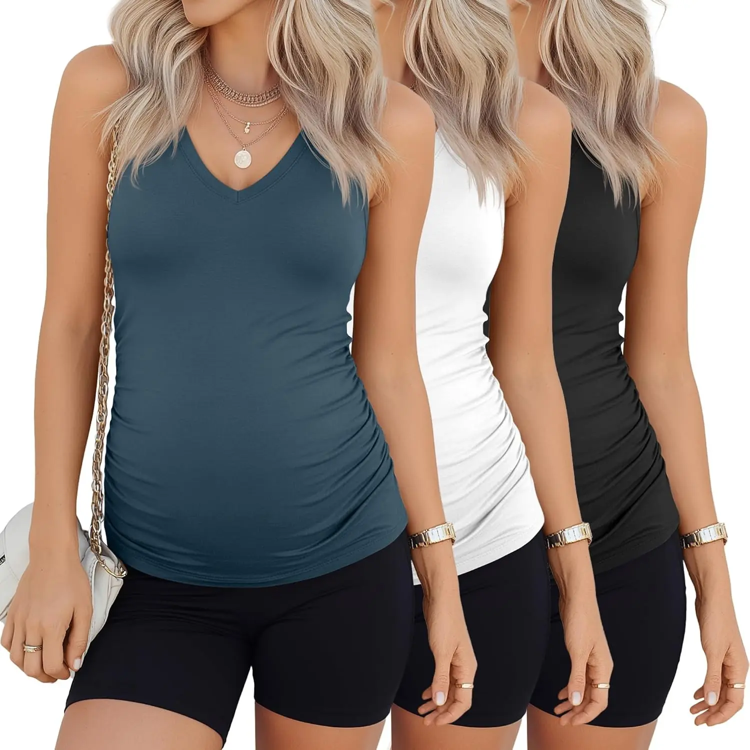 Women's 3-Pack Maternity Tank Tops - V-Neck, Sleeveless, Side Ruched, Lightweight Soft Fabric, Casual Wear, Layering Top, Summer Pregnancy Daily Use