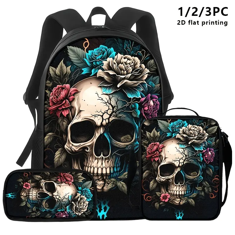 1pc/3pcs Gothic Theme Skull Flowers Backpack - Large Capacity Bag with Oxford Shell, Custom Closure, Shoulder/Crossbody Bag & Storage Pouch, Skull Floral Prints, Black Vibrant Design for Daily Commute