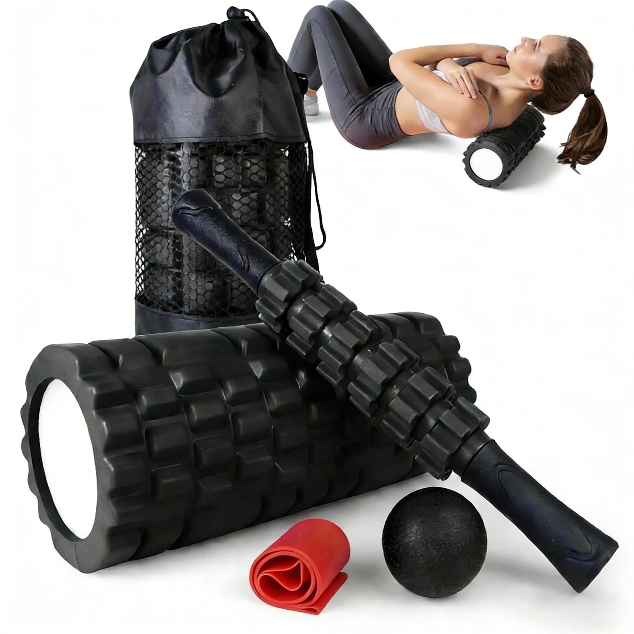 5-In-1 Muscle Massage Foam Roller Kit, Includes Roller Stick, Massage Ball, Resistance Band, Ideal for Office Workers, Runners, Yoga Lovers