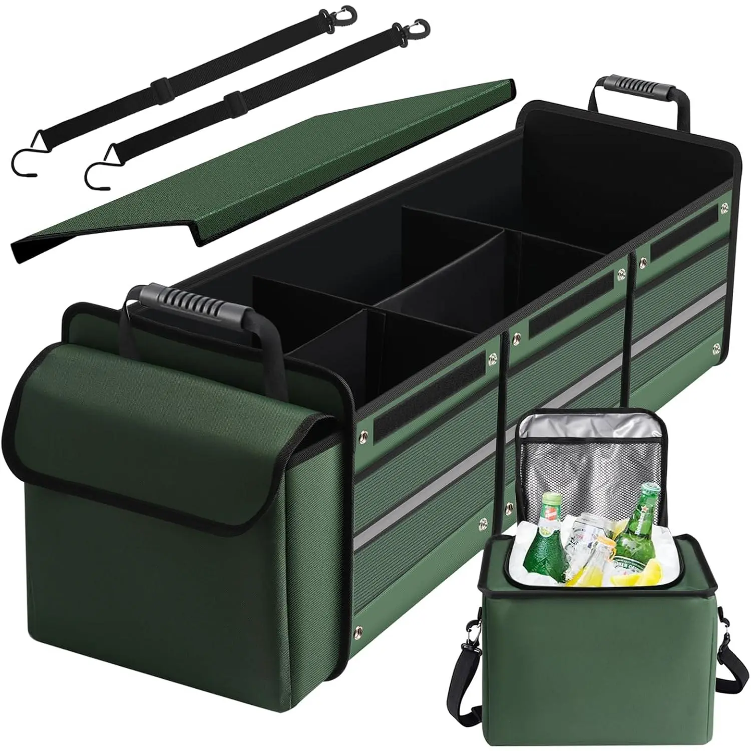 Car Trunk Organizer,115L Heavy Duty Collapsible Trunk Storage, with Insulated Leakproof Cooler Bag Vehicle Cargo Organizer with Lid, 3 Compartments, Straps For Car,Suv,Jeep