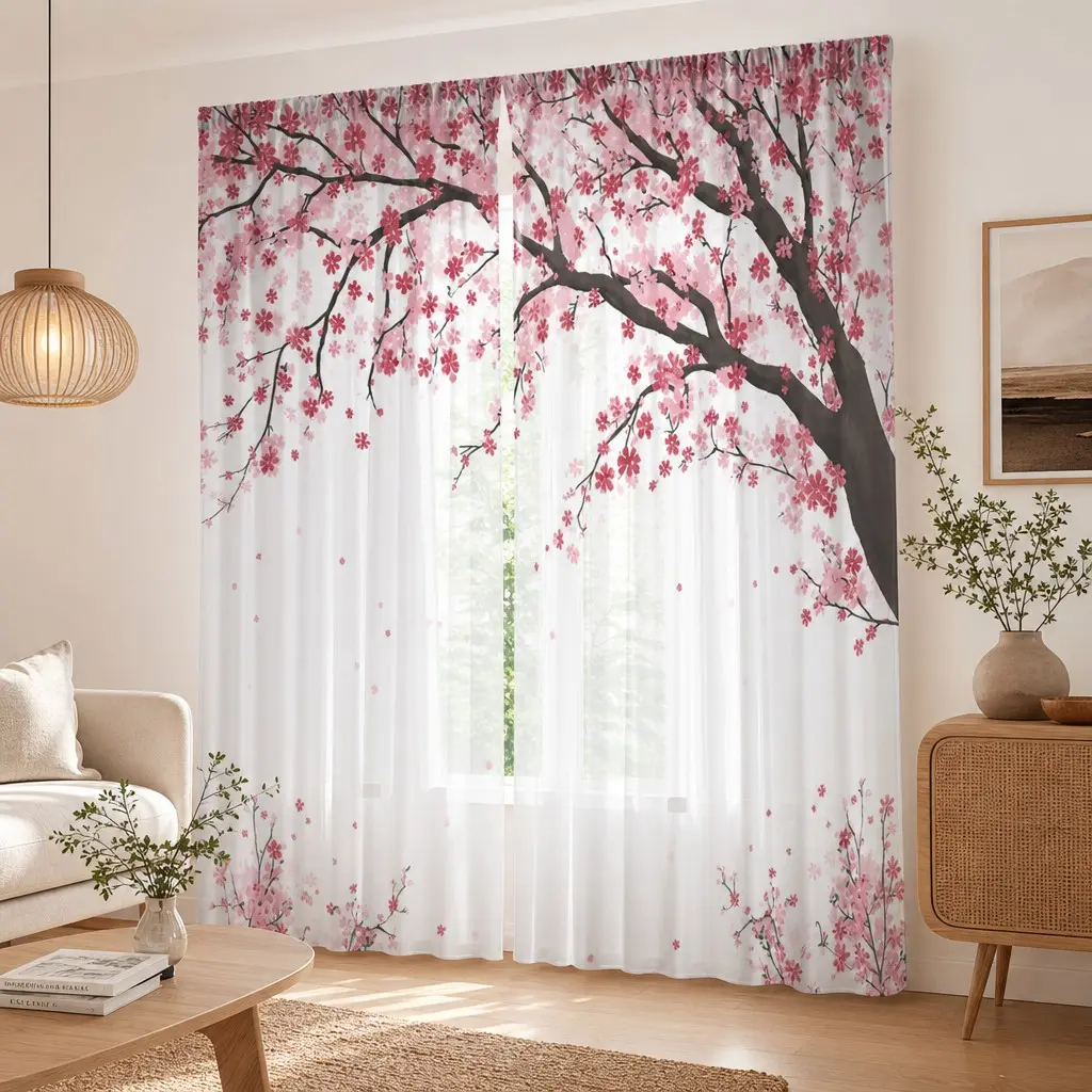 2-Pack Cherry Blossom Theme Floral Sheer Curtains, Rod Pocket Design, Polyester Voile, Natural Inspiration Home Decor, Living Room & Bedroom, Window Curtain
