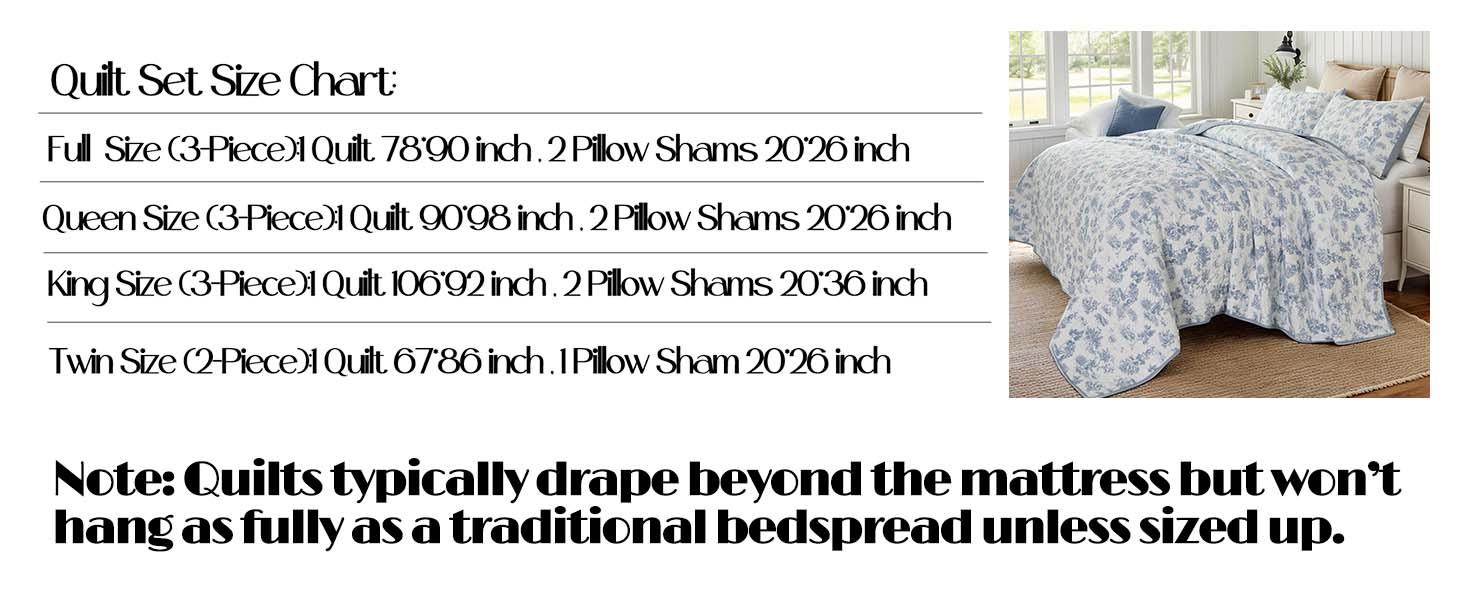 Twin Size Set Cotton Toile Bedding Blue Floral Vintage-Inspired Set 2-Piece