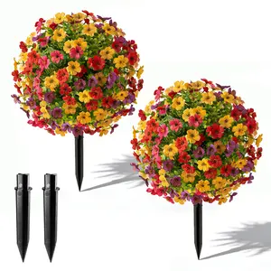 1/2/4 Pcs 24" Artificial Topiary Ball Plants Violet with Flowers, Outdoor Fake Topiary Plants with Ground Spike, UV Resistant Faux Bushes for Indoor Outdoor Front Door Decor Mix Color