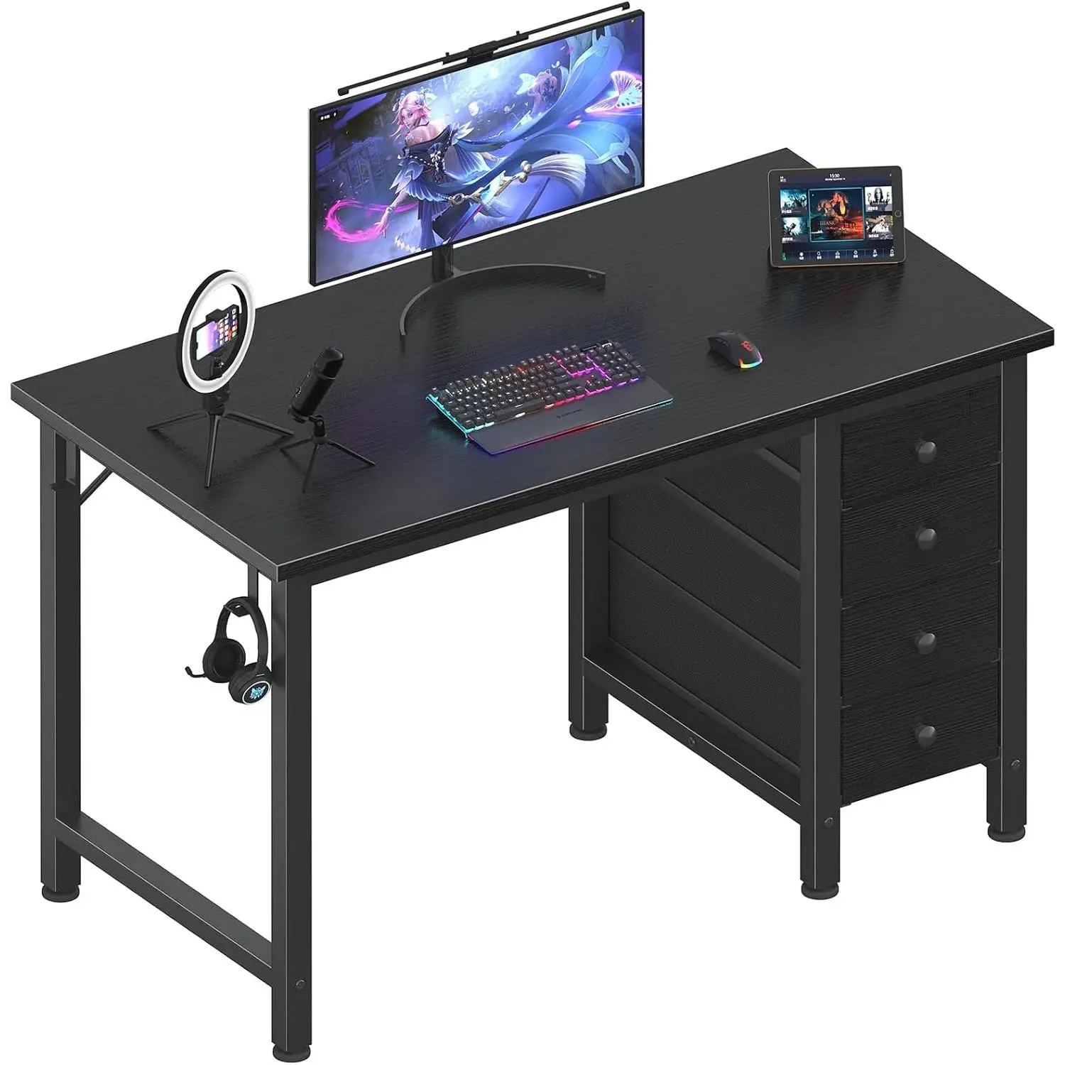 Small Gaming Desk with 4 Drawers, 40 Inch Kids Girls Teen Cute Study Desk for Bedroom, Reversible Work Computer Writing Table Desks for Small Space Home Office, Black