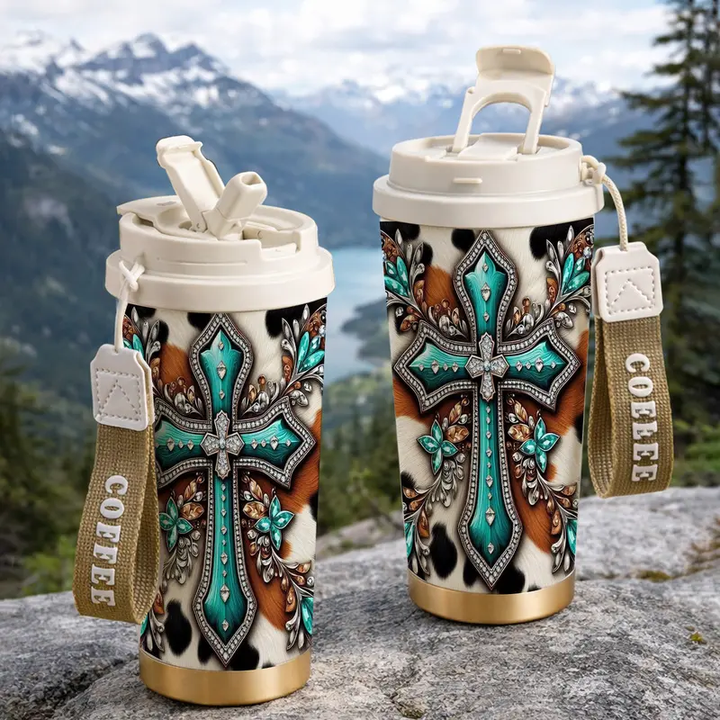 18oz Insulated Stainless Steel Western Cow Print Turquoise Cross Motif Travel Mug - Portable Single Mug for Travel Use, with Insulated Lid & Straw, 12H Hot/24H Cold, Country Southern Faith Gift for Cowgirls