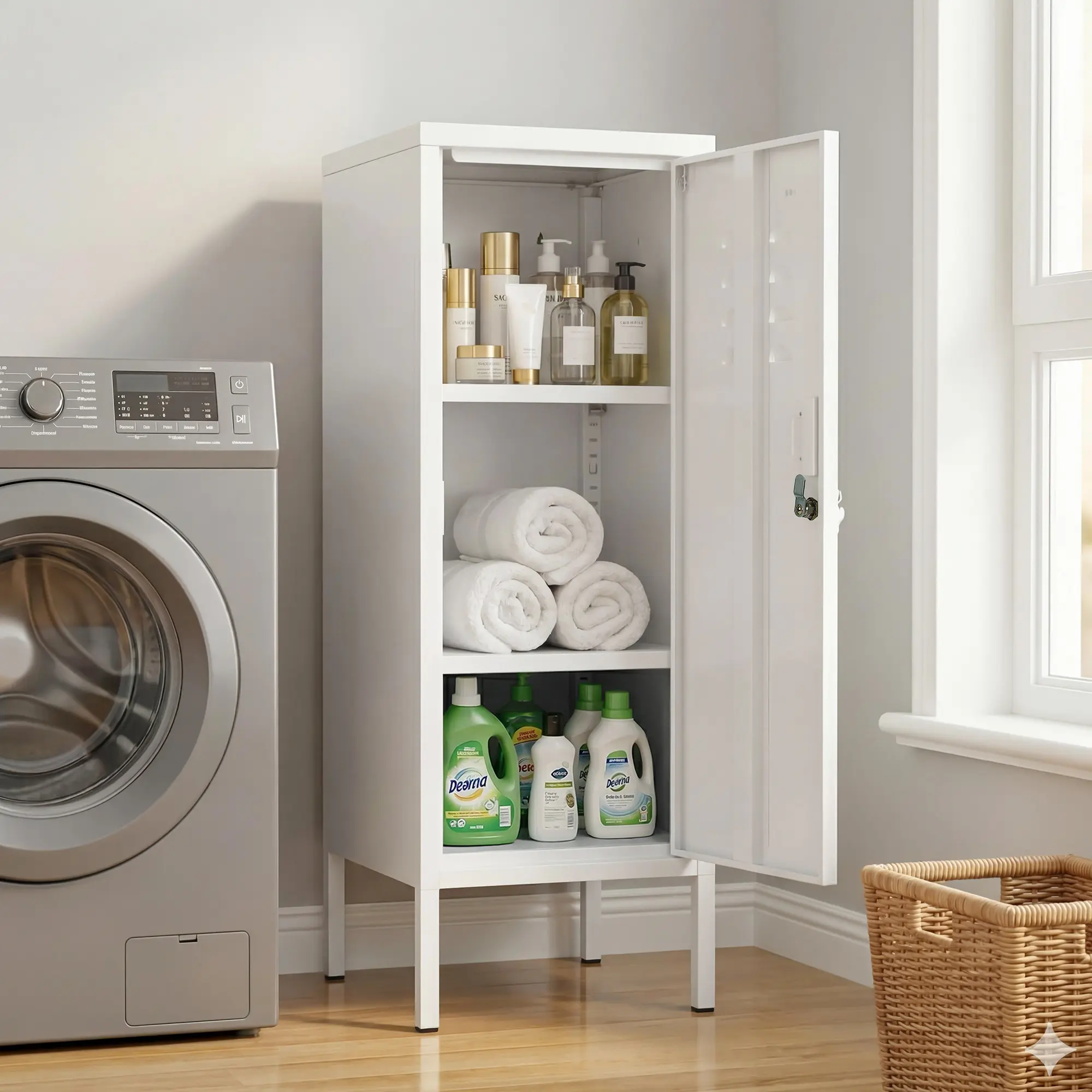 Metal Locker Storage Cabinet, Narrow Slim Tall Locking Cabinet with 2 Removable Shelves & Ventilation Holes, Locker Cabinets for Bathroom/Kitchen/Pantry/Office