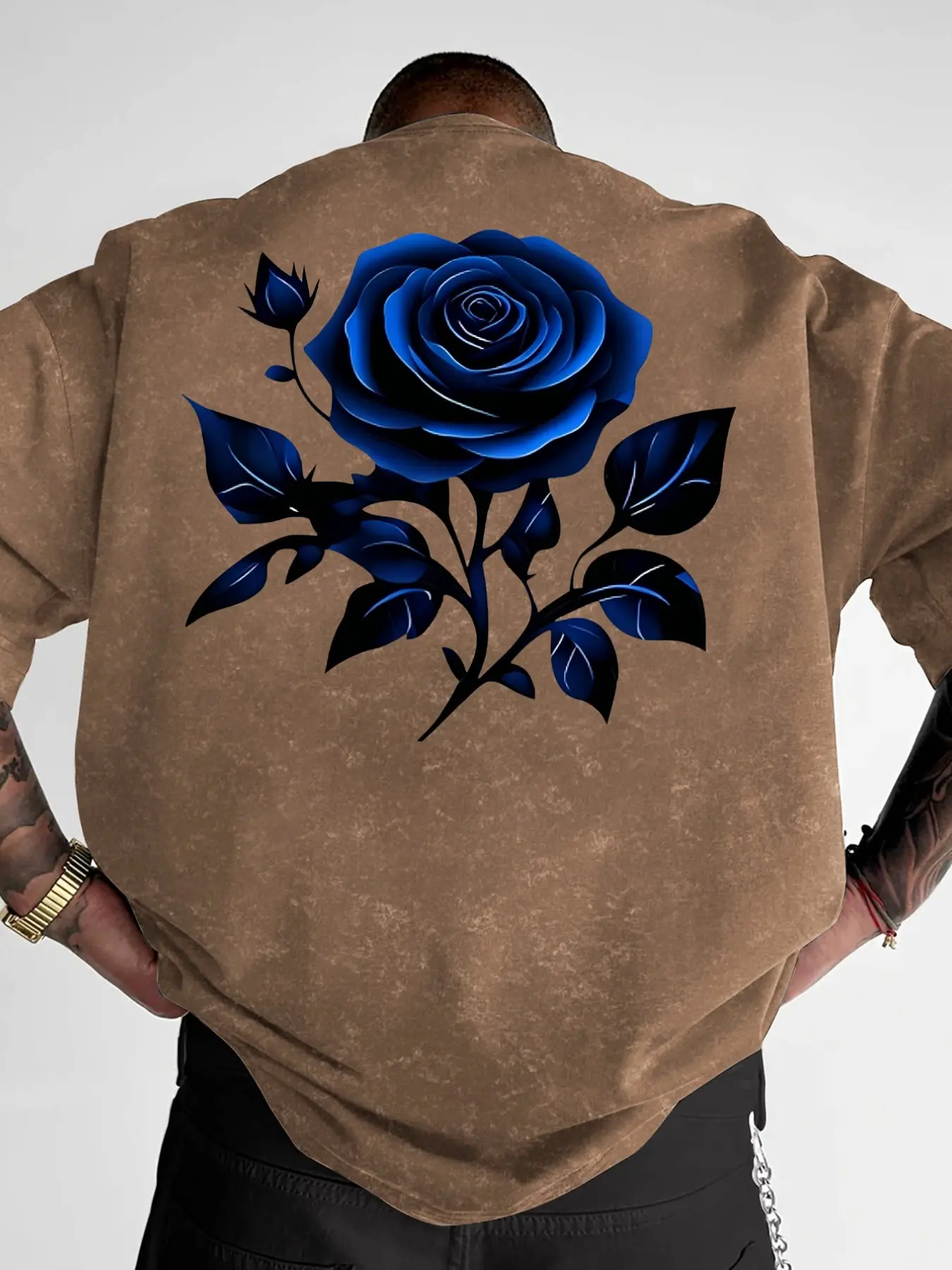 Men's Oversized Short Sleeve Tee, Large Blue Rose Floral Print Casual T-shirt, Gothic Dark Flower Streetwear Breathable Daily Tops, Casual Summer Clothing #RosePrintTee #GothicFloralStyle #OversizedStreetwear