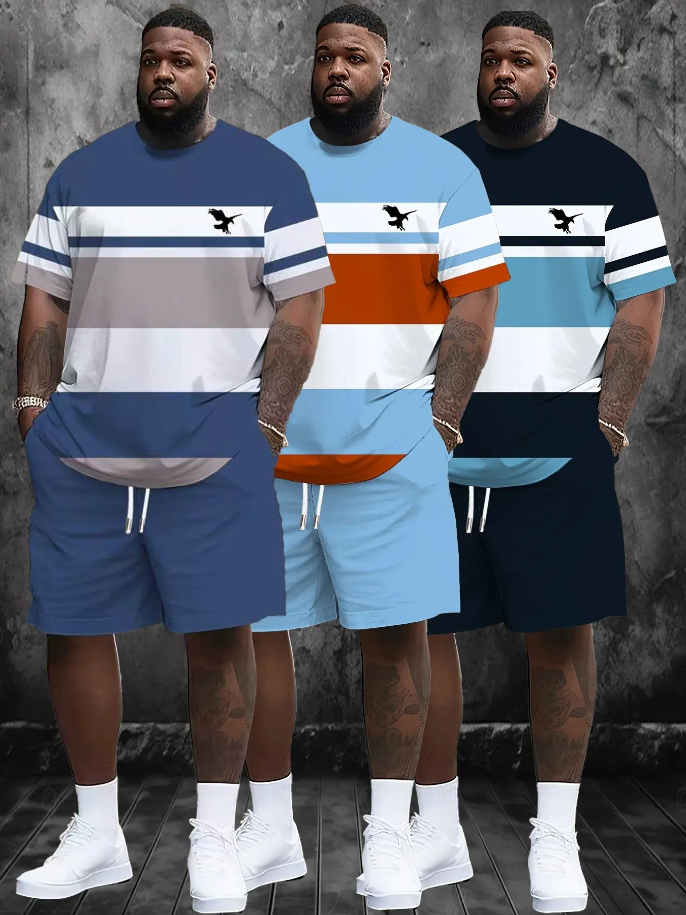 6-Piece Plus Size Men's Summer Casual Sports Set, Breathable Printed Round Neck T-Shirt and Shorts, Knitted Fabric, Lightweight, Casual Sporty Set, Casual Sports Style
