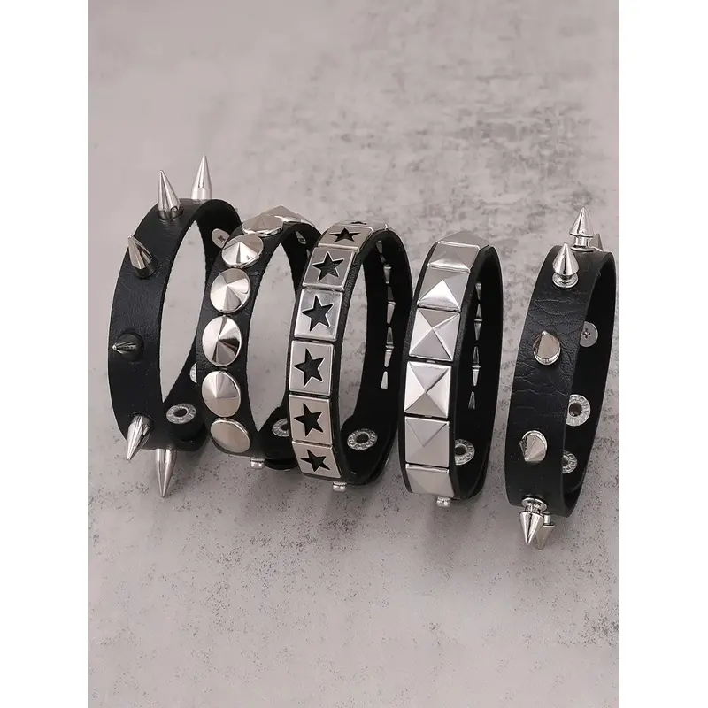 YYW1 5-Piece Punk Leather Bracelet Set, Spiked Studded Bracelet, Unisex Spiked Rivet Wristbands, Gothic Star Pyramid Stud Cuff Bracelets, Adjustable Black PU Leather Wrist Cuffs, Rock Streetwear Accessories Men and Women, E-Girl Aesthetic Outfit Jewelry