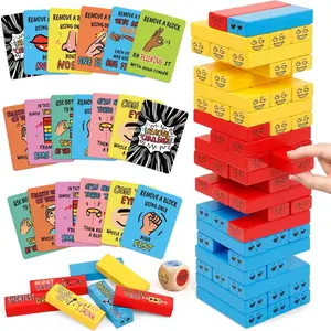 Tumble Tower Blocks Party Game,121PC Wooden Stacking Game,60 Blocks,60 Cards,1 Dice,Thousands of Hilarious Combos,Classic Tower Stack Games for Family Night Party Wood Block Games with Storage Bag