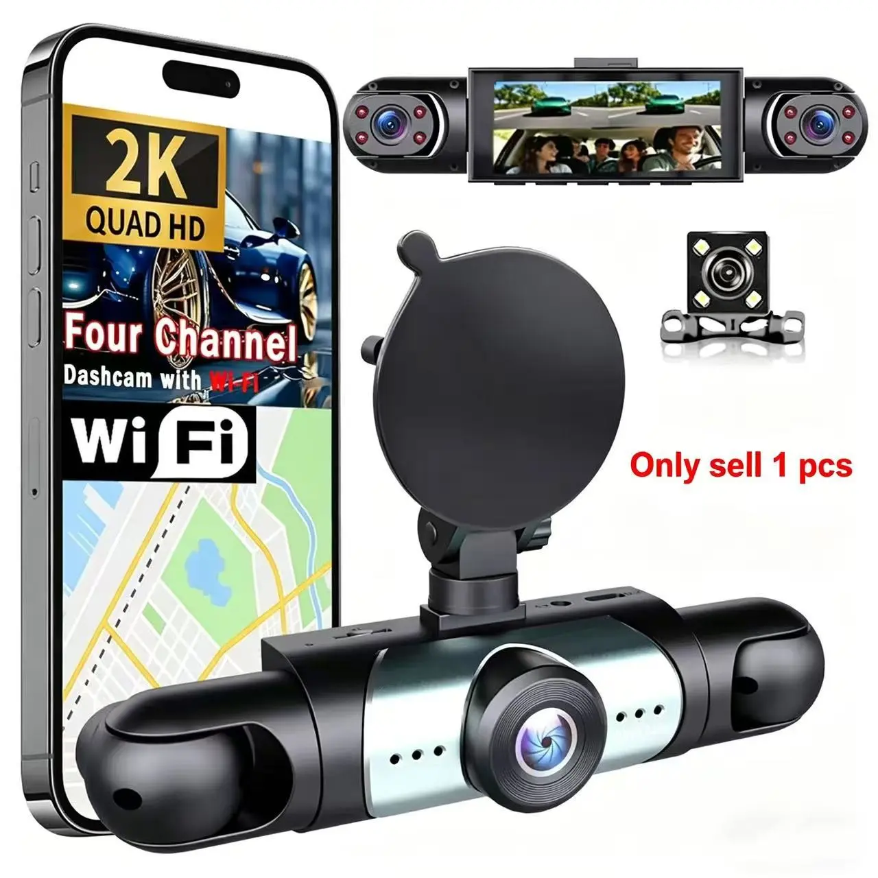 Full View Car Dashboard Dash Cam System, 4 Lenses, Full HD 1080P Recording, Night Vision, 64GB Memory Card, G Sensor, Motion Detection, Loop Recording, Dashcams for Cars