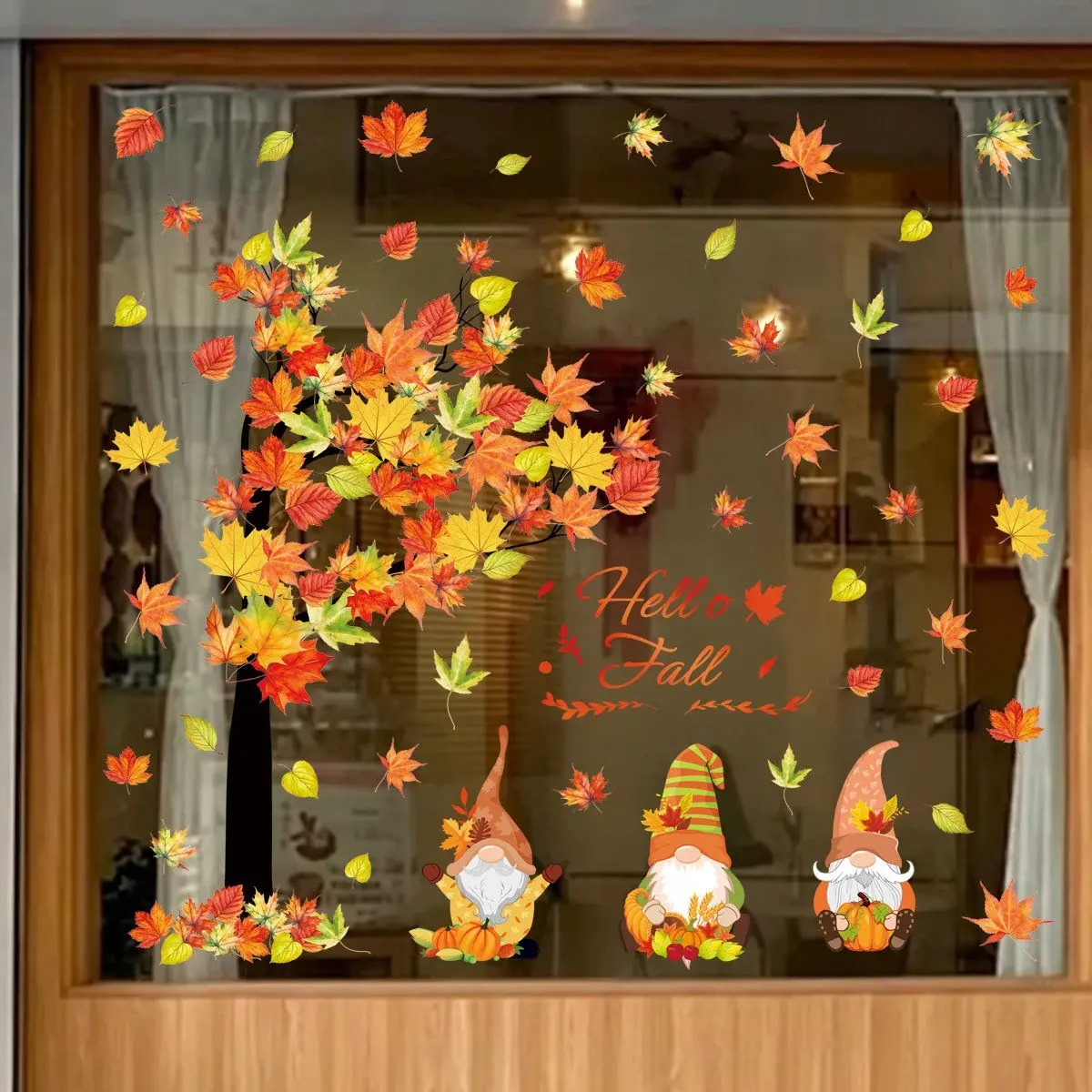 73pcs/6sheets Thanksgiving Maple Tree Goblin Window Stickers, Harvest Festival Leafless Goblins Decals, Holiday Party Glass Display Decorations