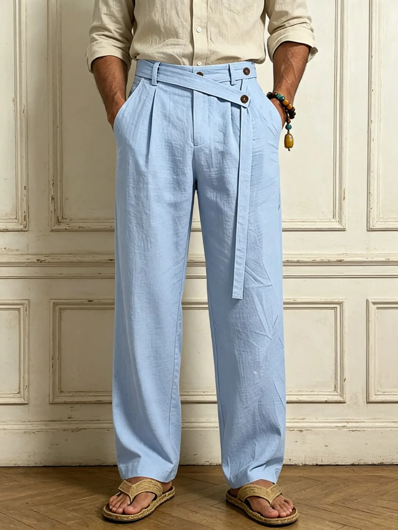 Men's Linen Wide Leg Straight Button Fly Trousers, Casual Comfy Trouser, Lightweight Breathable Solid Color Casual Pants, Available in 6 Colors & Multiple Sizes, Draped Loose Fit Four-Season Dress Pants Menswear for Vacation, Commute & Home Daily Wear