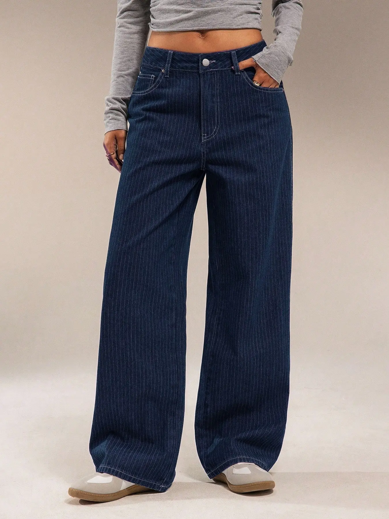 Women's High Waist Deep Blue Striped Wide Leg Jeans, Vintage 90s Loose Fit, Y2K Streetwear Street Style Casual Long Pants, All Seasons Wear