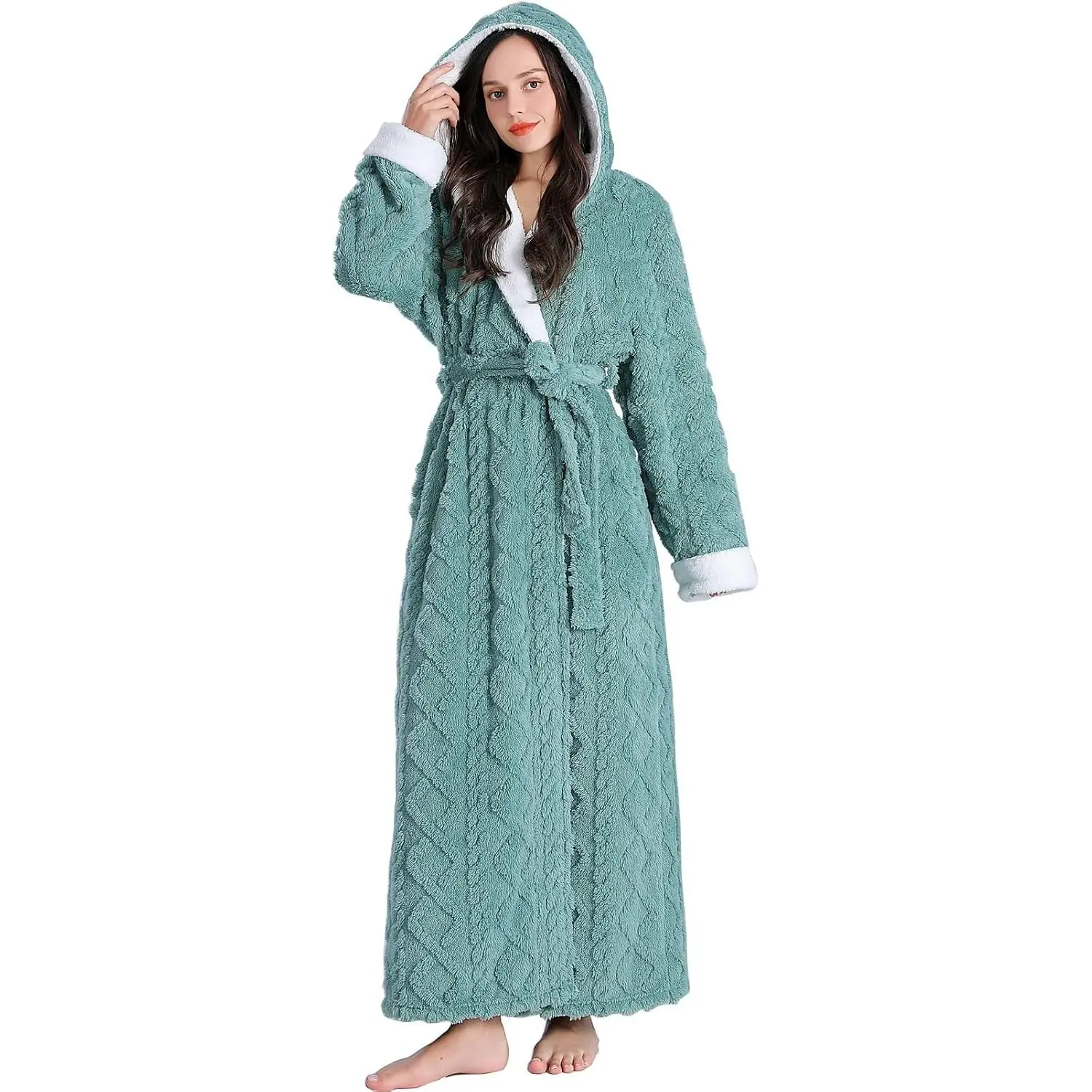 Women's Long Plush Hooded Bathrobe Full Length Warm Fuzzy Housecoat Luxury Christmas Robe(Gift)